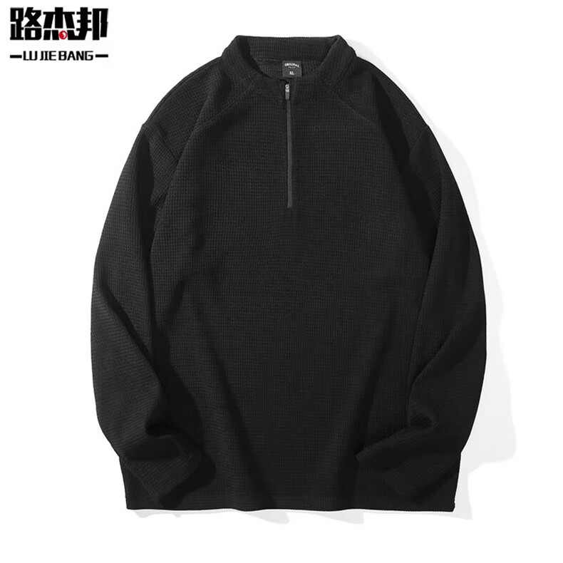 长袖t恤男新款格子半拉链上衣高端商务宽松男士打底衫上衣可外穿图片
