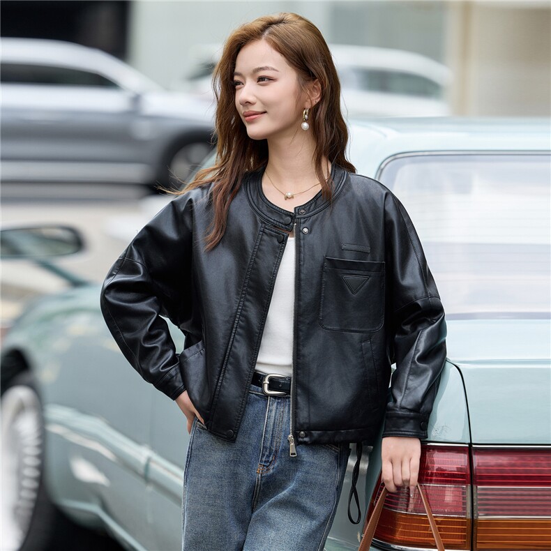 PU皮衣外套女2025秋新款小个子巨好看短款休闲机车棒球服夹克上衣,女装皮衣,简古
