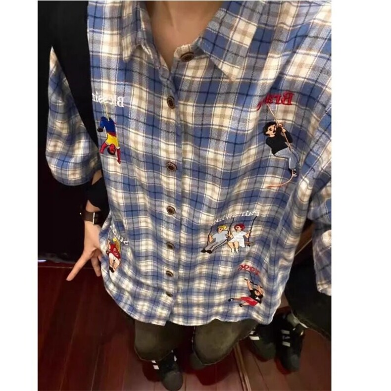 美式复古格子短袖衬衫男夏季薄款宽松刺绣衬衣网络图,男装衬衫,星座410-7