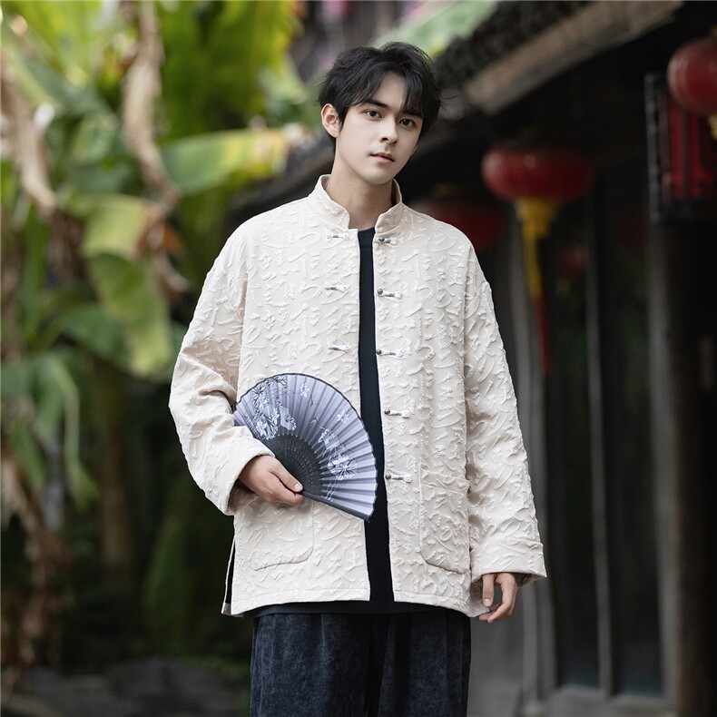 新中式中古风抽象文字提花复古盘扣立领大码宽松唐装外套JK209,男装民族服装,星座305A（原312A-1）