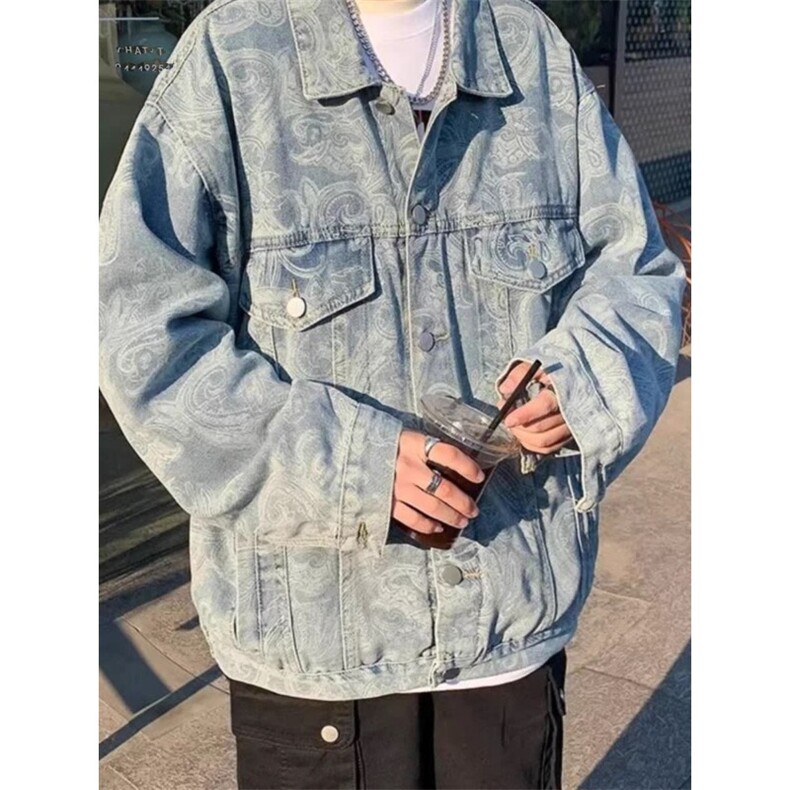 美式腰果花牛仔夹克男春秋潮宽松男装痞帅高级感外套HH364P60,男装工装外套,星座1013-5