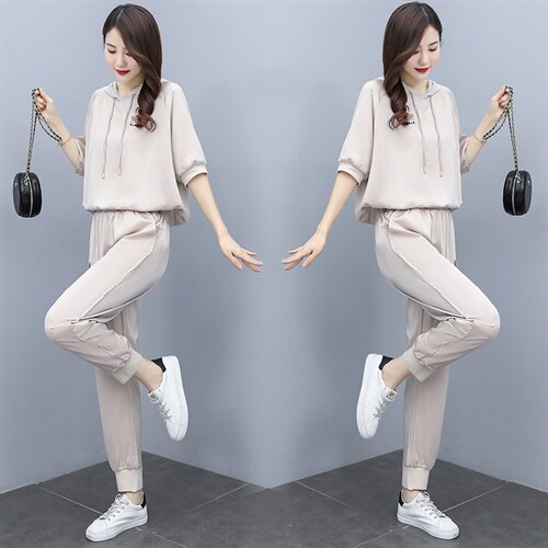 冰丝休闲运动套装女夏季2025新款时尚醋酸连帽气质高端洋气两件套，女装套装/套裙，奕薇雅