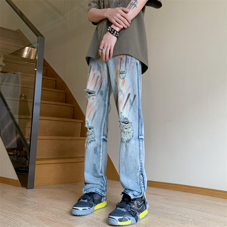 B221美式ins嘻哈色彩涂鸦小众拉链破洞牛仔裤LK23085-P65控88,男装牛仔裤,电商B221