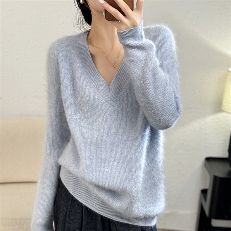 2024新款。百分百羊绒拉绒大V领羊绒衫中长宽松大版针织毛衣,女装羊绒衫,仟禧羊绒