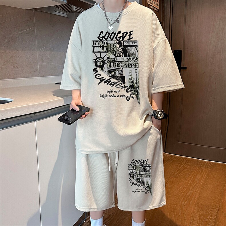 华夫格薄款休闲套装男夏季短袖t恤男装一套搭配帅气潮牌运动套装,男装T恤,星座1904A-1