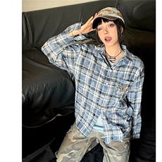秋款男女格子条纹扎染衬衫蝴蝶字母刺绣中性风长袖衬衫CS66P50，男装衬衫，星座1013-1