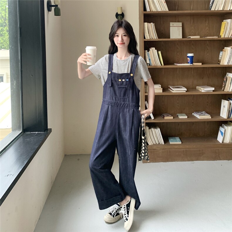 盐甜系穿搭时尚牛仔背带裤套装女夏新款学院风减龄条纹t恤两件套,女装套装/套裙,2C307