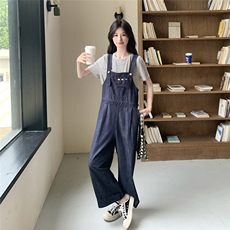 盐甜系穿搭时尚牛仔背带裤套装女夏新款学院风减龄条纹t恤两件套，女装套装/套裙，2C307