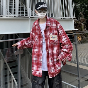 拼色设计感格子毛呢刺绣长袖衬衫男女宽松潮流春秋外套CS0011-P50图片