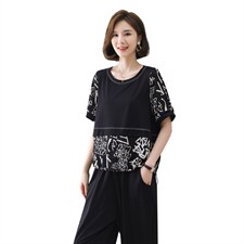 现货2022夏季新款时尚简约针织拼接雪纺休闲套装两件套，女装套装/套裙，深水步