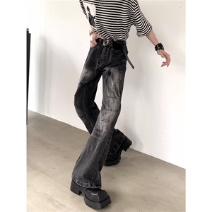 复古褶皱闪电纹黑色牛仔裤男女做旧水洗设计感堆积感高街微喇裤潮图片