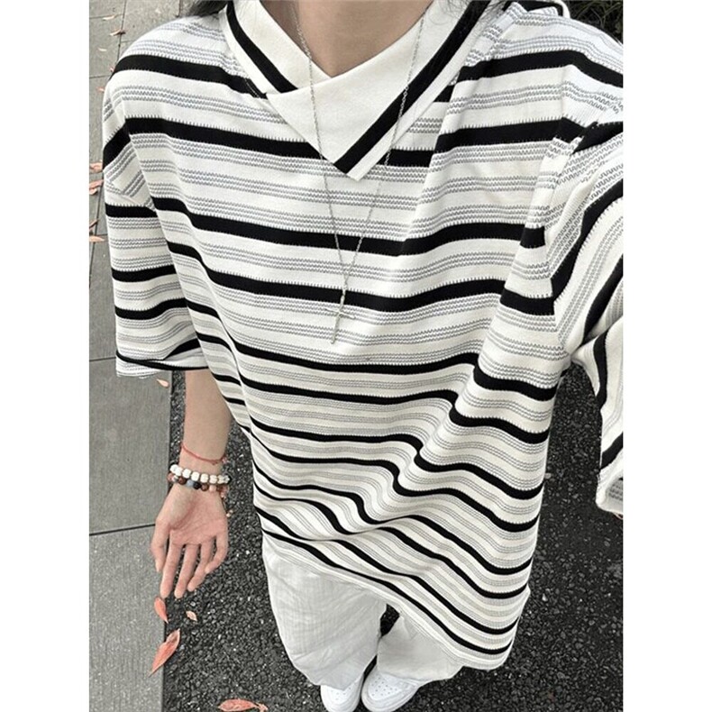 美式复古条纹设计感领口短袖Polo衫男女秋季松弛感宽松海魂衫T恤图片