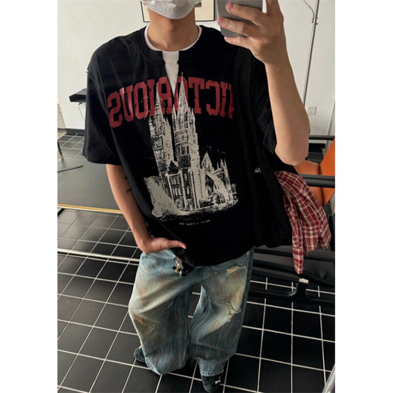 夏季美式复古领口假两件设计感短袖t恤男潮情侣上衣TT10,男装T恤,星座1116A（原606A-3）