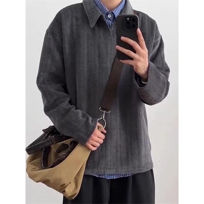 深灰色麦穗纹polo衫长袖t恤男秋季美式翻领卫衣小众设计感打底衫,男装T恤,星座506A