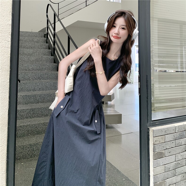 简约休闲显瘦背心连衣裙女2025年夏季新款韩系收腰无袖百搭长裙子,女装连衣裙,琦鑫阁（原依鑫阁）