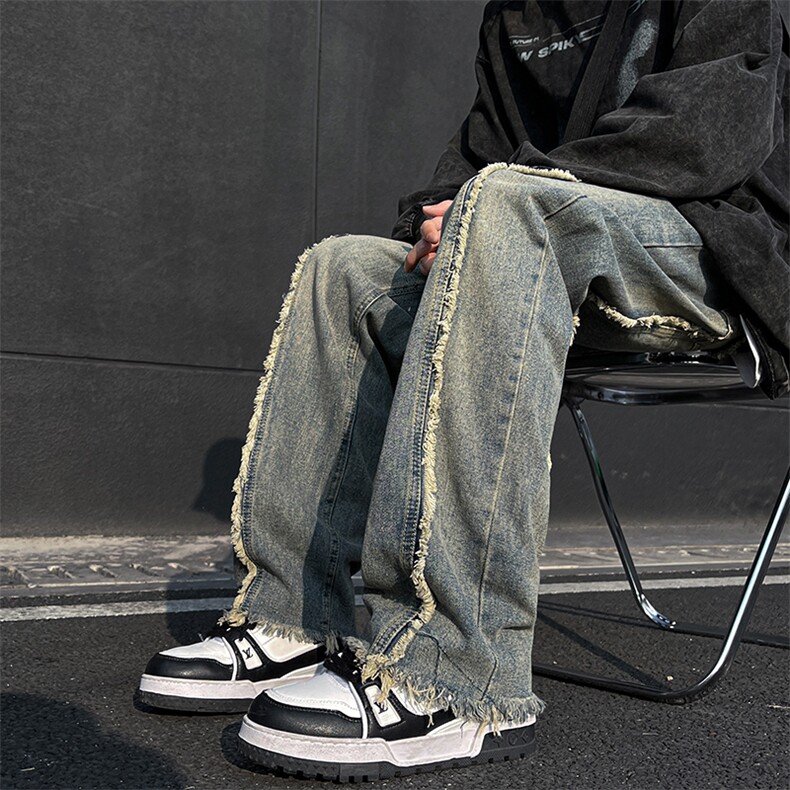 美式ins高街hiphop重工艺水洗毛边牛仔裤货号K712P65,男装牛仔裤,电商A063