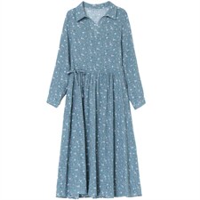 2021春季新款简约时尚优雅复古印花中长款棉麻连衣裙，女装连衣裙，香水丽阁