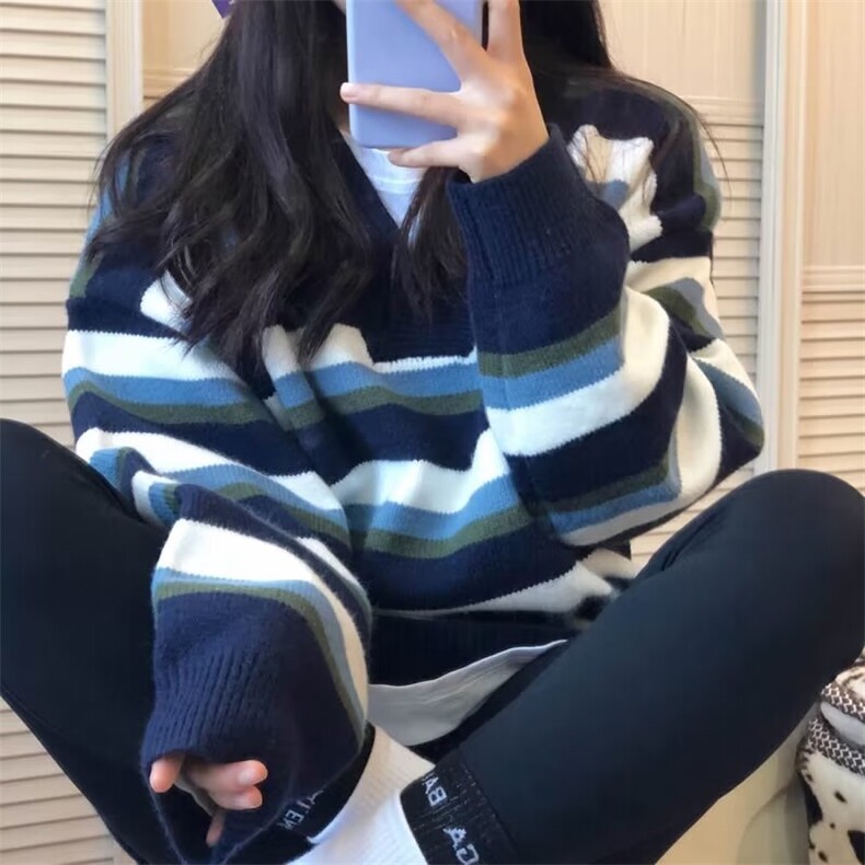 日系拼色条纹V领套头毛衣男女潮牌ins情侣装针织衫宽松秋冬外,男装针织衫/毛衣,星座218-1（原230）