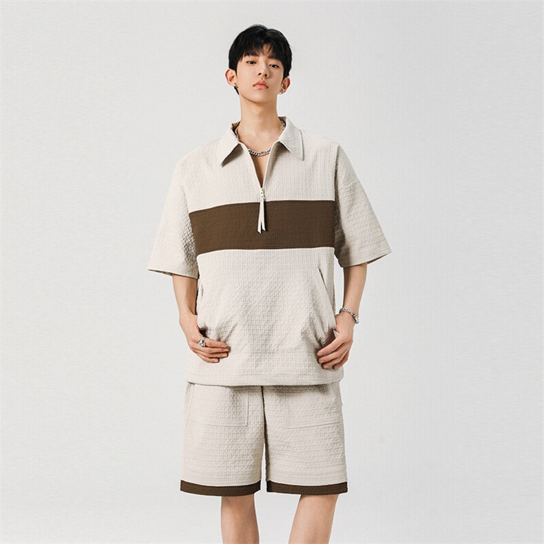 泡泡纱短袖短裤休闲套装POLO衫拼接套装男TZ003图片