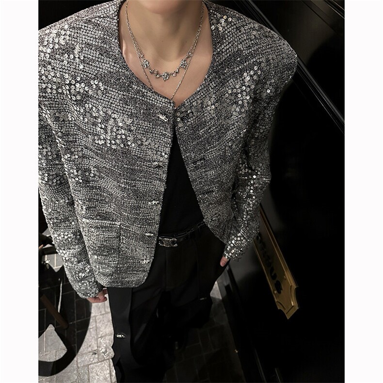 现货！25春季男士设计感夜店闪片小香风短款垫肩外套XXF21-P168，男装夹克，电商B288