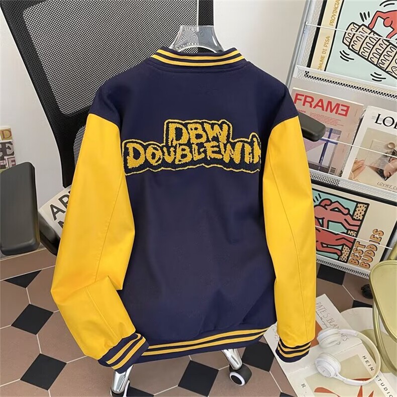 日系潮流文艺慵懒流行ins龙凤尼拼皮毛巾绣棒球服百搭W6810-P62，女装职业装，星座412-3