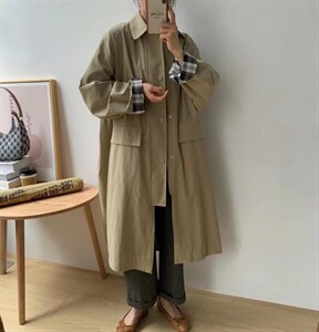 【素妮】2022工装韩版格子里衬风衣图片