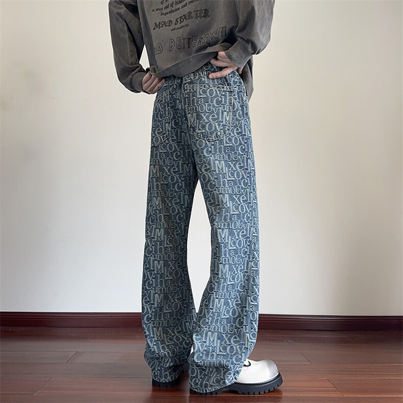 B221 美式ins高街暗黑宽松直筒提花牛仔裤LK24395-特P52控88图片