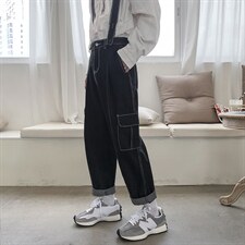 潮背带工装裤韩版宽松直筒坠感裤百搭吊带牛仔裤现货K1106-P42，男装休闲裤，星座512-4