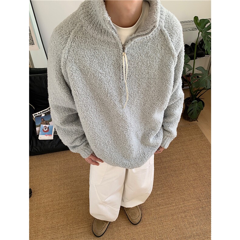 濮院毛衣浅灰美式复古拉链立领针织衫秋冬季新款设计感男装G63P70,男装针织衫/毛衣,电商D256