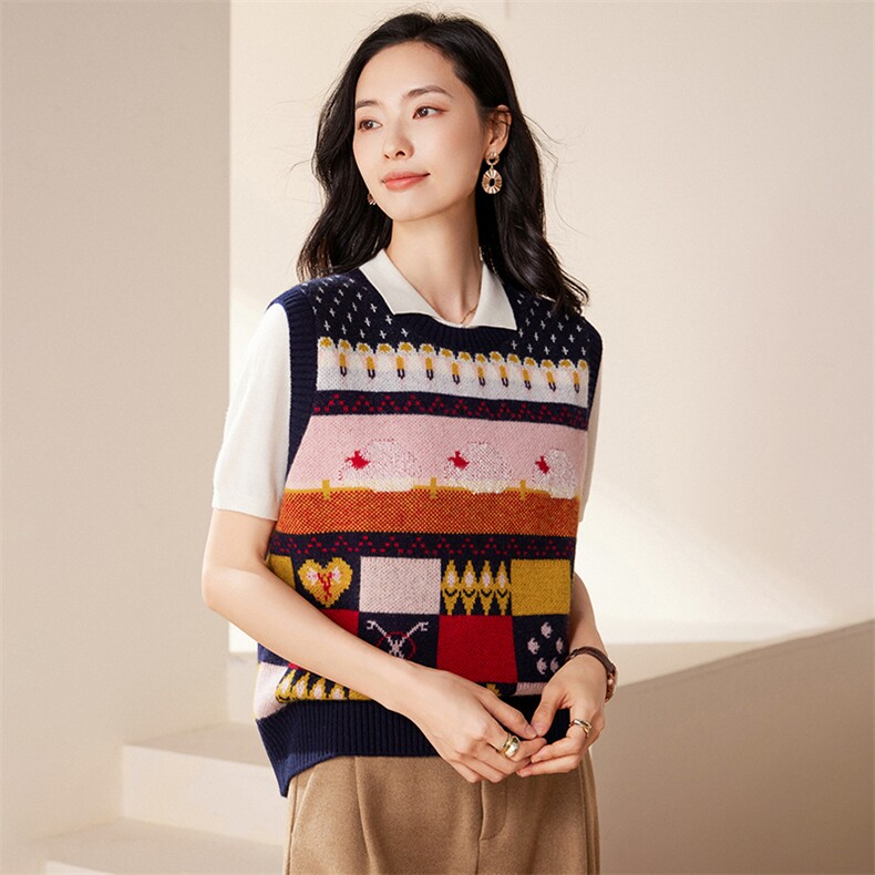 宽松圆领套头撞色100山羊绒马甲女2025秋冬新款针织背心毛衣坎肩,女装马甲,绒歆坊