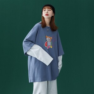 中性秋季潮流卡通印花全棉百搭假两件长袖T恤  T152 P35控48图片