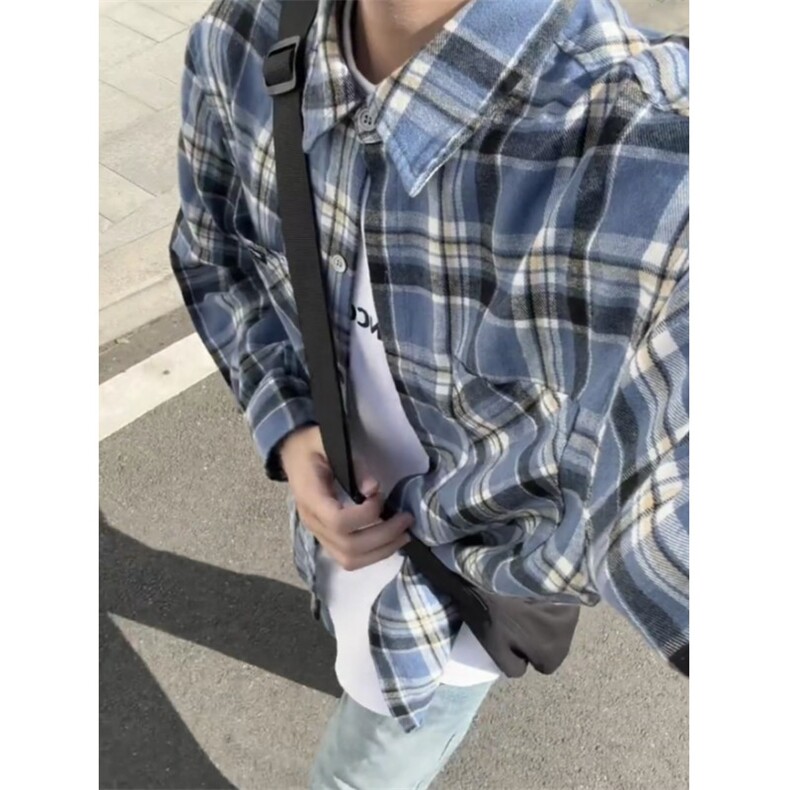 vintage蓝色美式复古格纹衬衫男cleanfit格子衬衣外套CS301-P45,男装衬衫,星座1007（原301D）