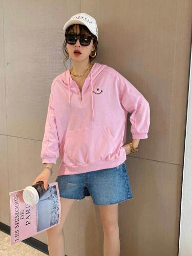 【现货】夏季新款针织连帽半拉链时尚刺绣圆领七分袖卫衣，女装卫衣/绒衫，微迪菲