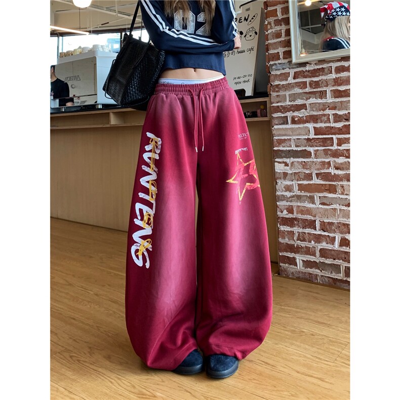 XHDDYAY美式复古字母印花低腰阔腿裤女街头风宽松休闲抽绳长裤潮,男装休闲裤,星座506A