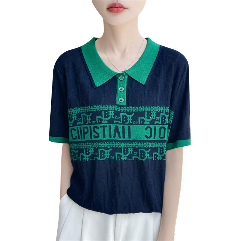 夏季新款天丝polo领拼色字母提花短袖女宽松百搭显瘦时尚休闲上衣,女装T恤,暖娇绒包芯纱店