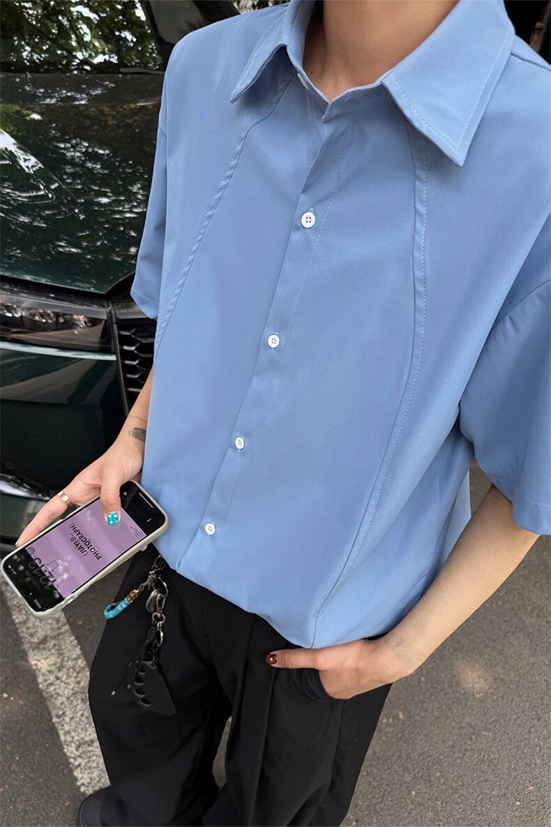 夏季潮牌高级感痞帅薄款休闲衬衫短袖男解构纯色短袖衬衫特P32,男装T恤,电商B319