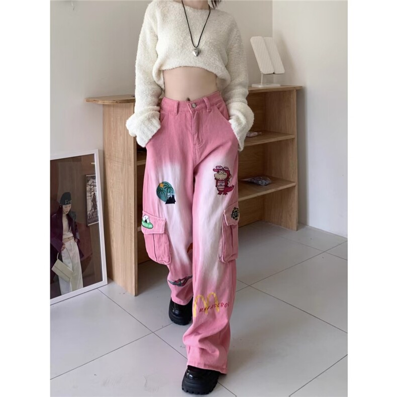 趣味卡通刺绣工装牛仔裤女春秋甜妹穿搭宽松显瘦拖地阔腿直筒长裤,男装牛仔裤,星座1210-1
