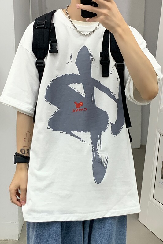 2021港风夏季新款中国印花宽松短袖T恤潮情侣上衣男D79P30,男装T恤,电商A335-1（原A458）