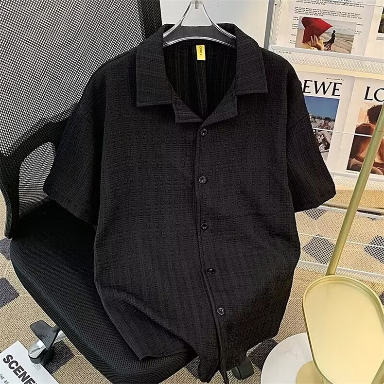 格子短袖衬衫男夏季薄款宽松痞帅ins韩暗格纹衬衣百搭潮流上衣,男装衬衫,星座1013