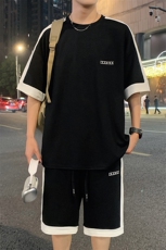 特批P37无差价夏季菠萝格拼接字母刺绣设计感小众短袖短裤男TZ301，男装休闲套装，电商A001
