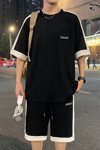 特批P37无差价夏季菠萝格拼接字母刺绣设计感小众短袖短裤男TZ301图片