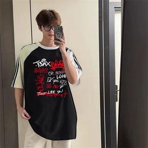 抖音得物品质二开240克宽松纯棉美式潮牌插肩三杠织带短袖T恤图片