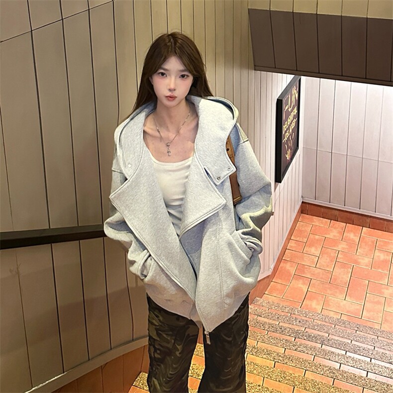 抖音得物品质26春装美式重磅结构斜拉链高领连帽卫衣开衫外套W61,女装短外套,电商A486-1