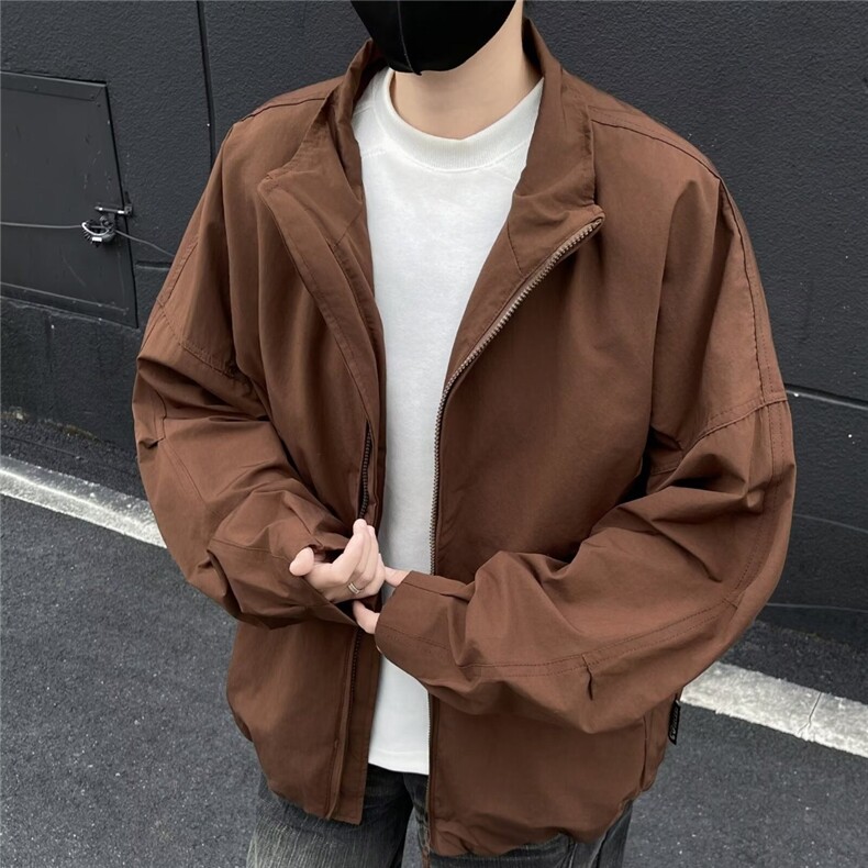 日系男装春秋复古纯色日潮少年感立领弯刀袖宽松情侣夹克外套男,男装夹克,星座506A