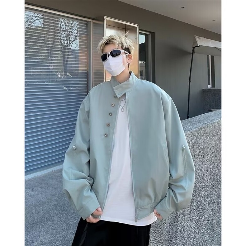 春季纽扣装饰抽绳设计感立领飞行员夹克男短款高级感美式外套,男装夹克,星座716-3