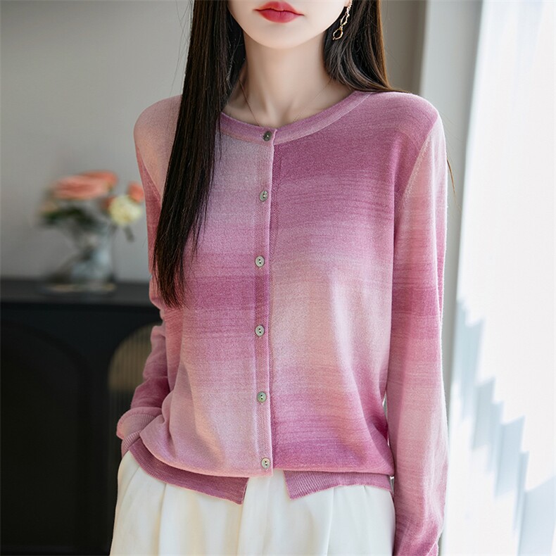 时髦渐变条纹针织开衫女微透外穿薄防晒衣小个子短外套上衣2025新,女装蕾丝衫/雪纺衫,暖烁特种纱工厂店