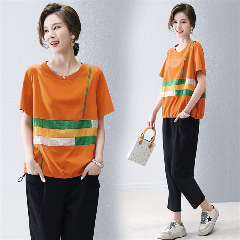 现货2025夏季新款时尚大码宽松格子拼接圆领套装两件套，女装套装/套裙，深水步