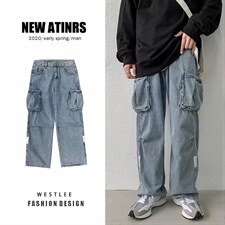 港风宽松工装牛仔裤男高街直筒痞帅男潮流裤子秋冬休闲裤kz07-p45,男装牛仔裤,星座1008-2