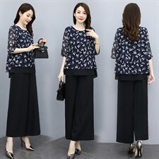 2022夏季新款时尚个性优雅气质圆领舒适休闲裤腿裤两件套，女装套装/套裙，魅影