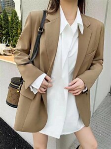 2021秋季新款时尚潮流百搭休闲宽松显瘦腰带双口袋西装外套,女装西装,L·H·X